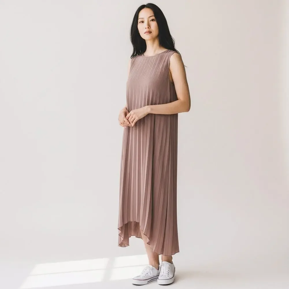 ELLIE MAKIR MIDI PLEATED DRESS MODEST HIGH-LOW HEM WOMEN SIZE LARGE - Picture 3 of 15